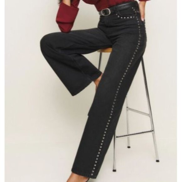 Reformation Cary High Rise Slouchy‎ Wide Leg Jeans Vana Vented Studded Black 25 - Picture 1 of 10